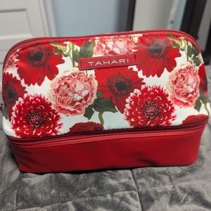 Tahari Red and White Floral Cosmetic Bag - Dome Traveller in Bouquet Rouge